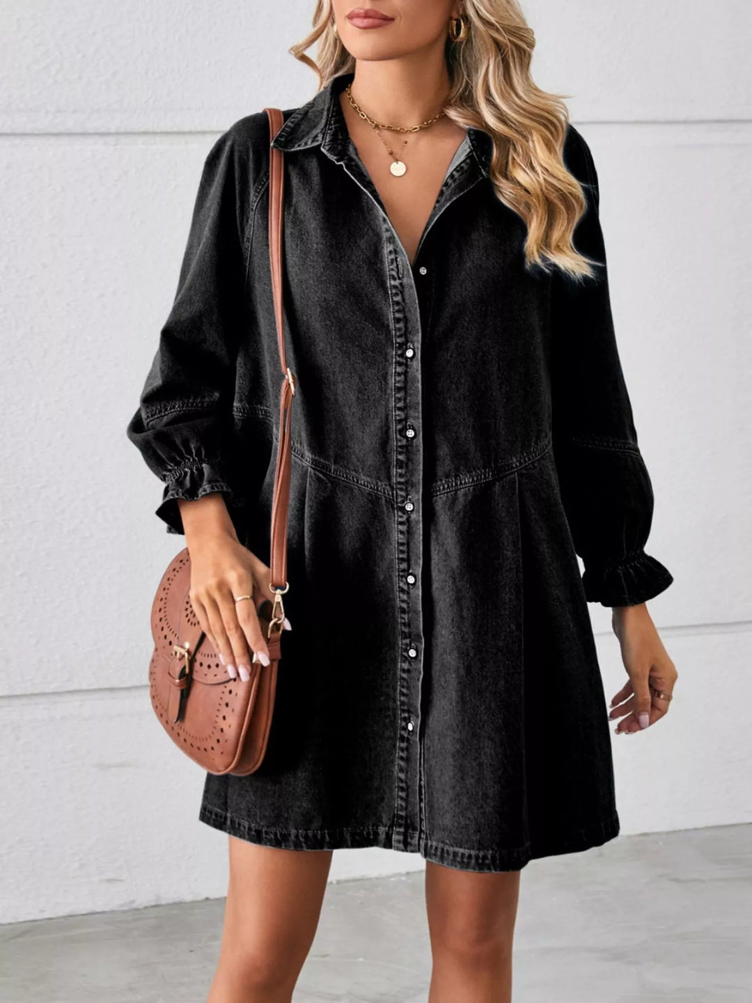 Black Button-down denim mini dress with ruffle cuffs