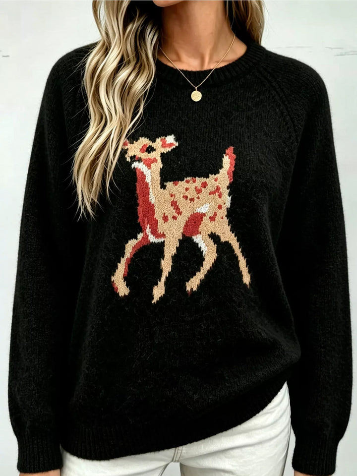 Deer knit raglan sleeve pullover sweater with ribbed trim