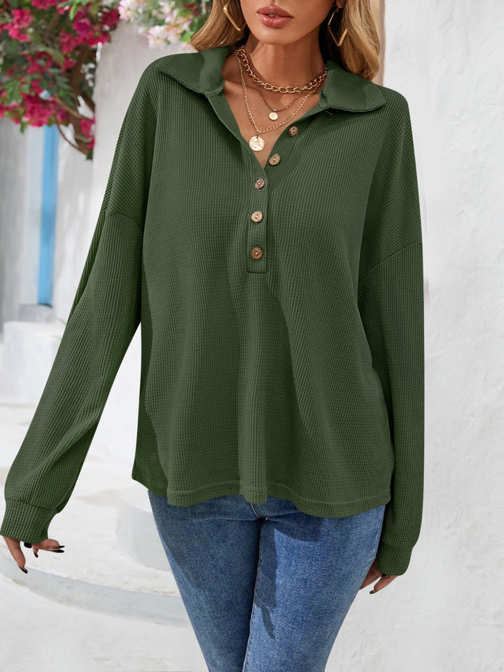 Waffle knit half-button collared long sleeve top