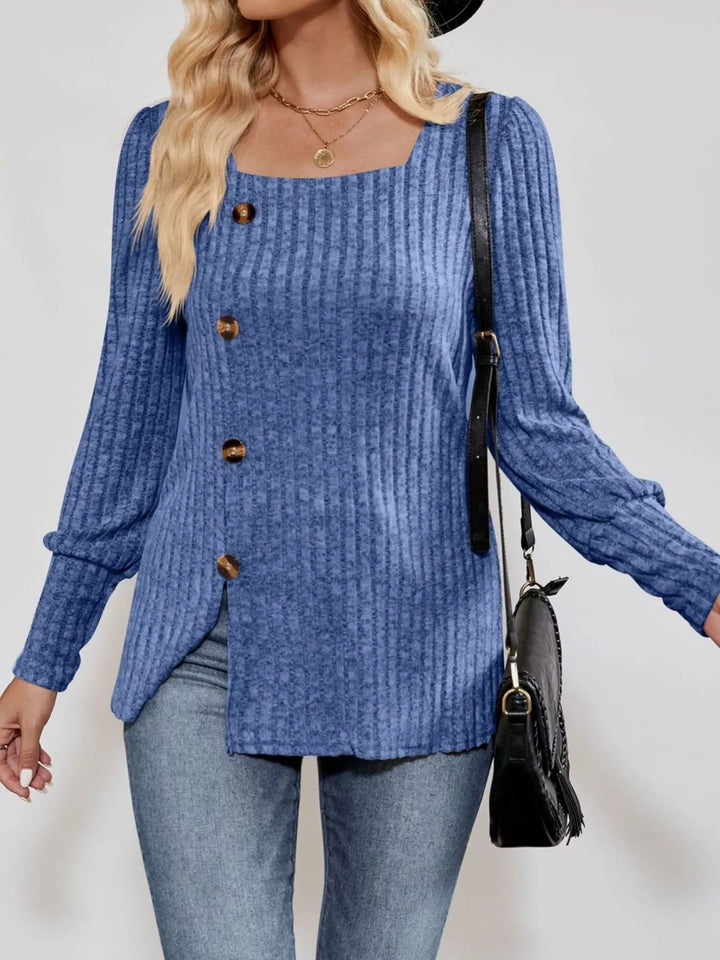 Ribbed knit square-neck top with button trim and side slit