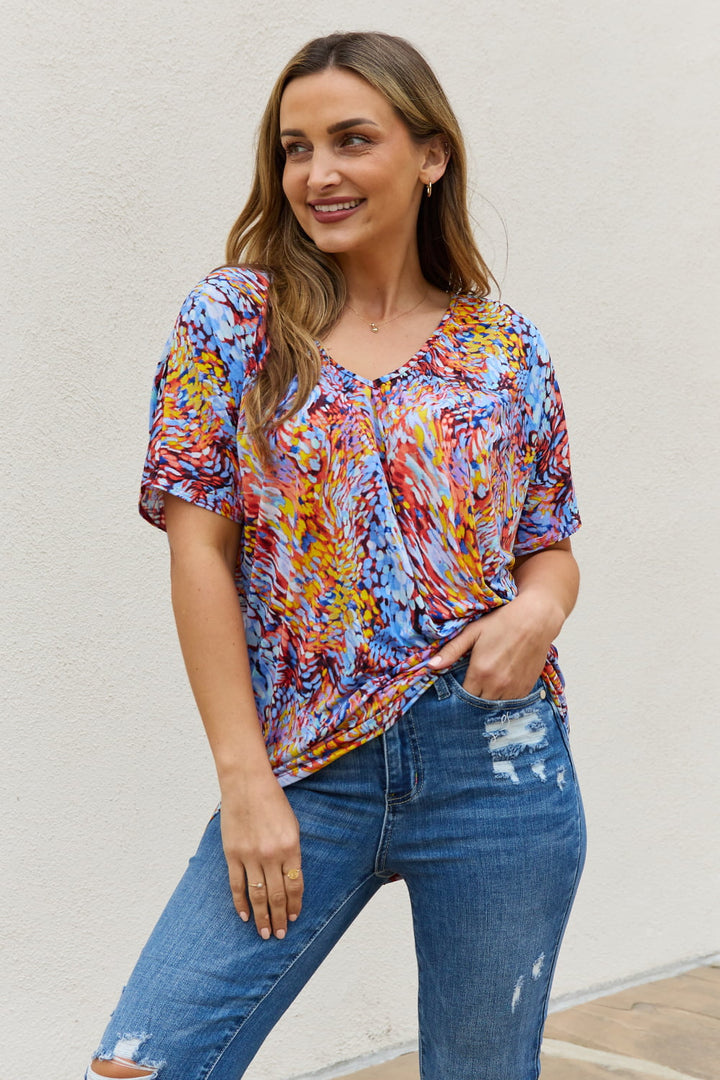 Blue Mix Abstract print dolman sleeve flowy V-neck top