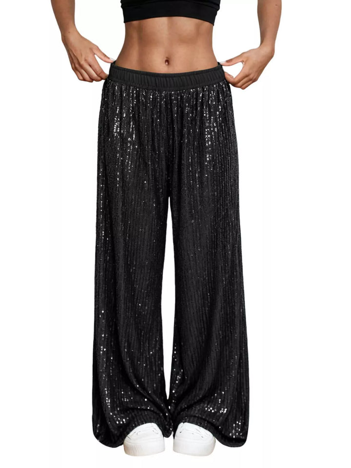 Black All-over sequin wide-leg pants with elastic waist