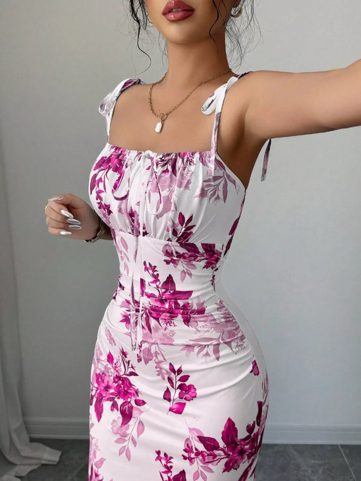 Floral print tie-strap maxi dress with side slit