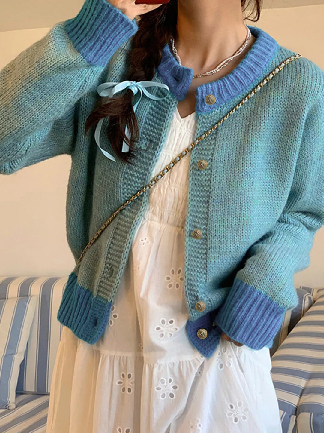 Color-block ribbed knit cardigan with gold buttons
