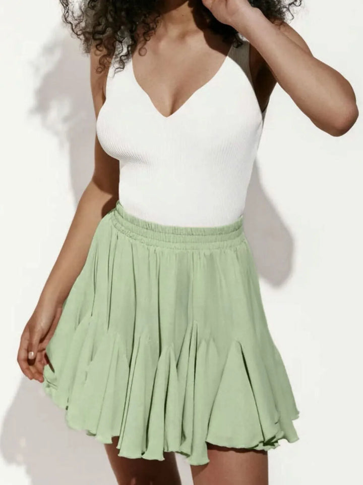 Light Green Ruffled hem flare mini skirt with elastic waist