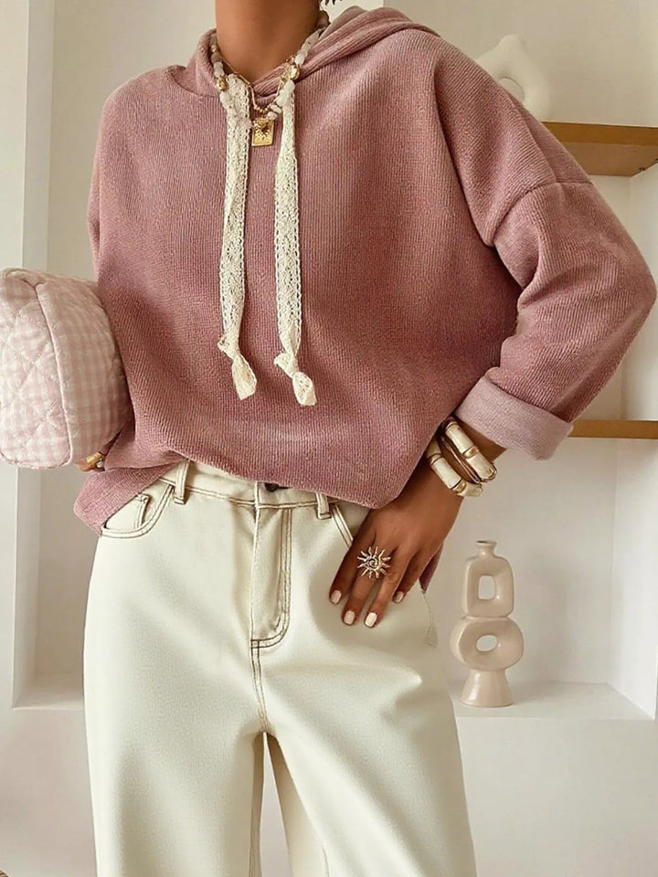 Dusty Pink Dropped-shoulder knit hoodie with lace drawstrings