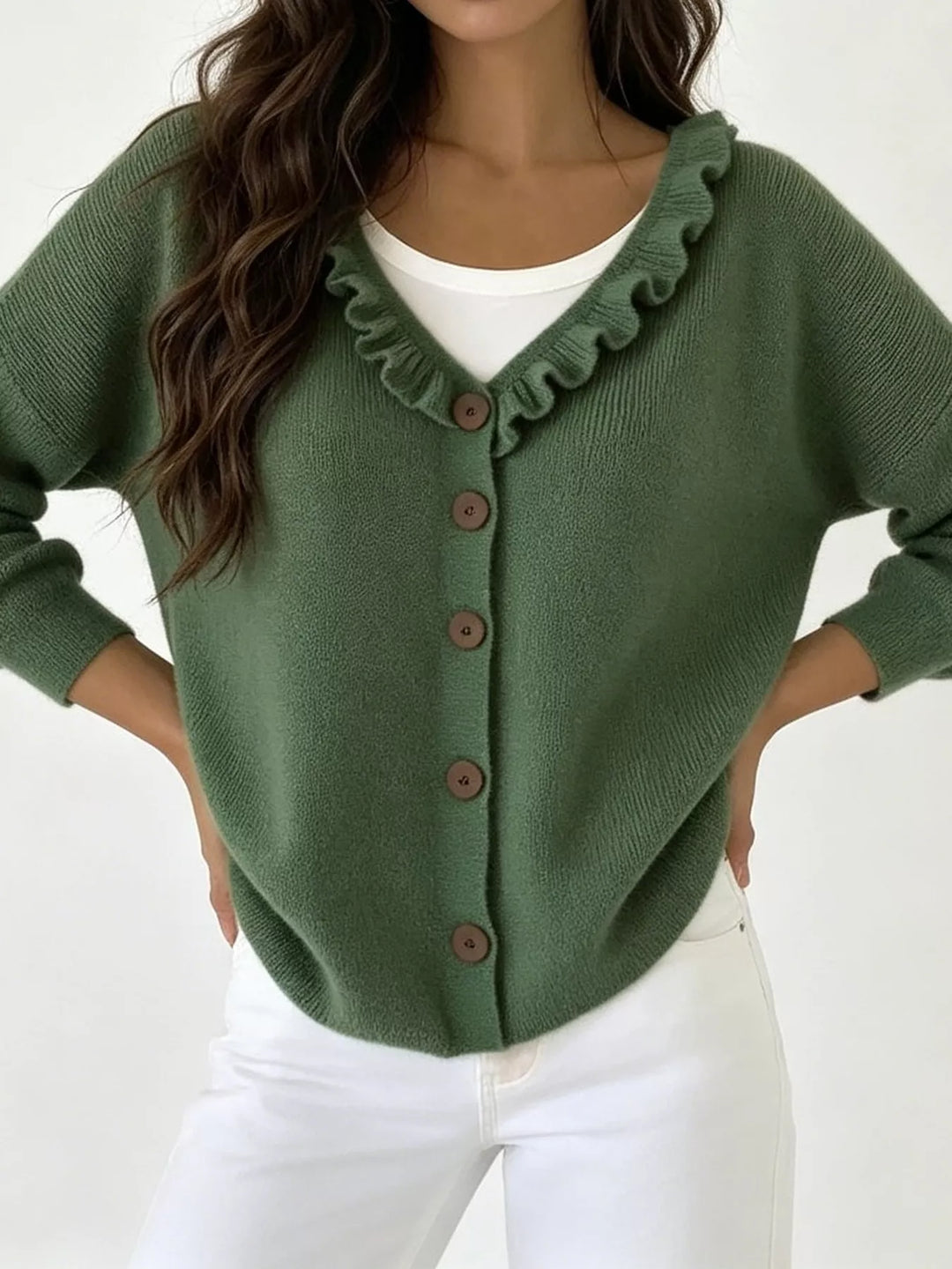 Green Ruffle-trim V-neck button-front knit cardigan