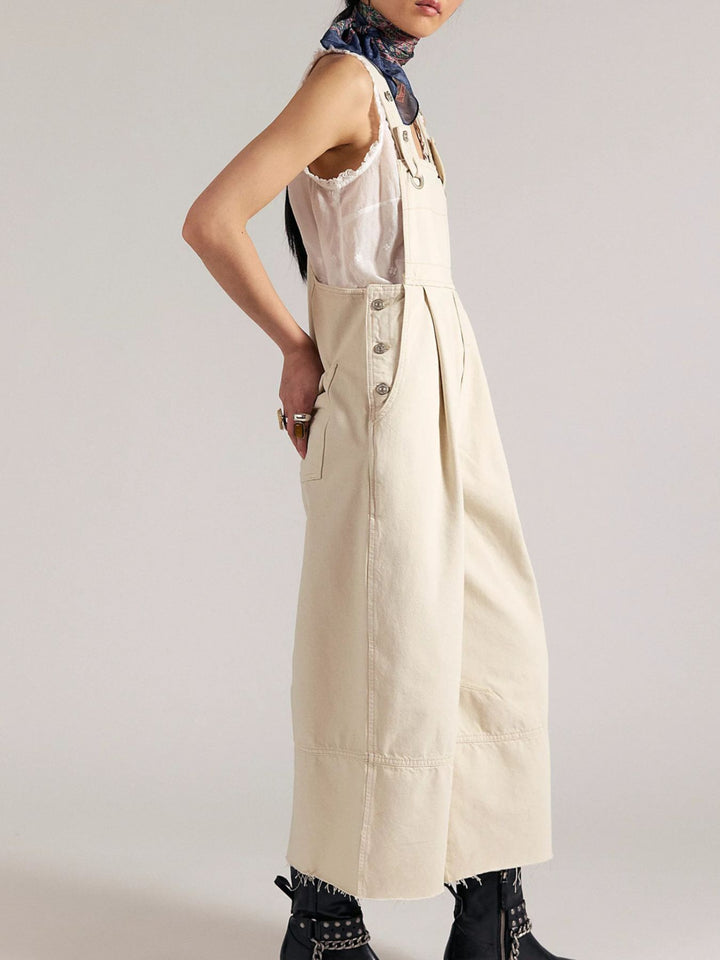 Pleated wide-leg denim overalls with raw hem