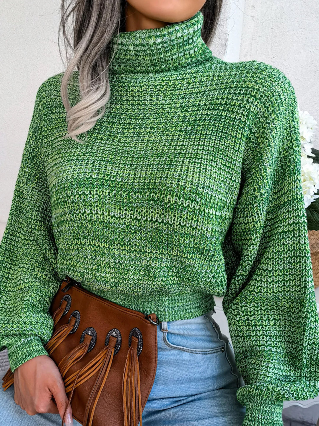 Waffle knit turtleneck sweater with dropped shoulders