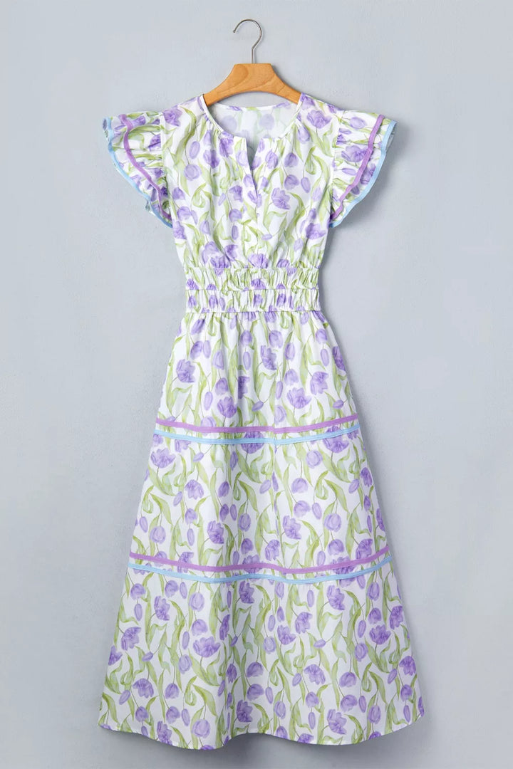 Tiered floral print midi dress with flutter sleeves and contrast trim