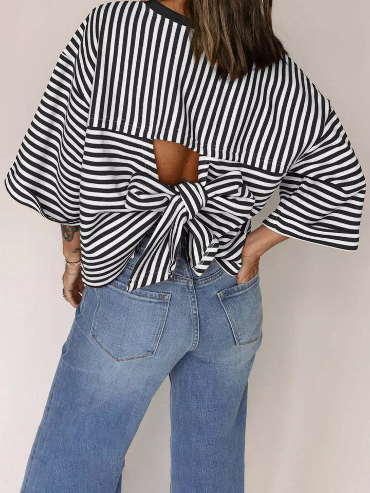 Striped oversized tee with back bow tie and keyhole cutout