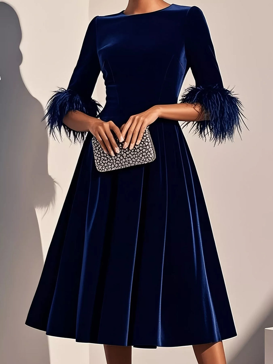 Blue Feather cuff velvet midi dress with full A-line skirt