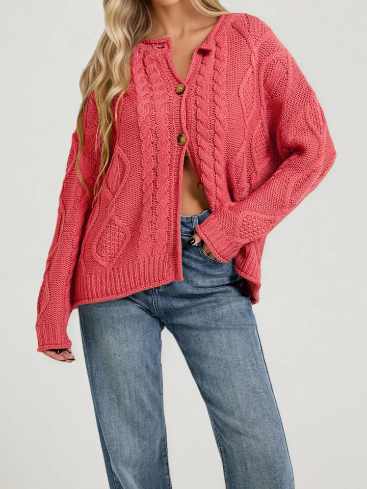 Red Cable-knit button-down cardigan with ribbed trim