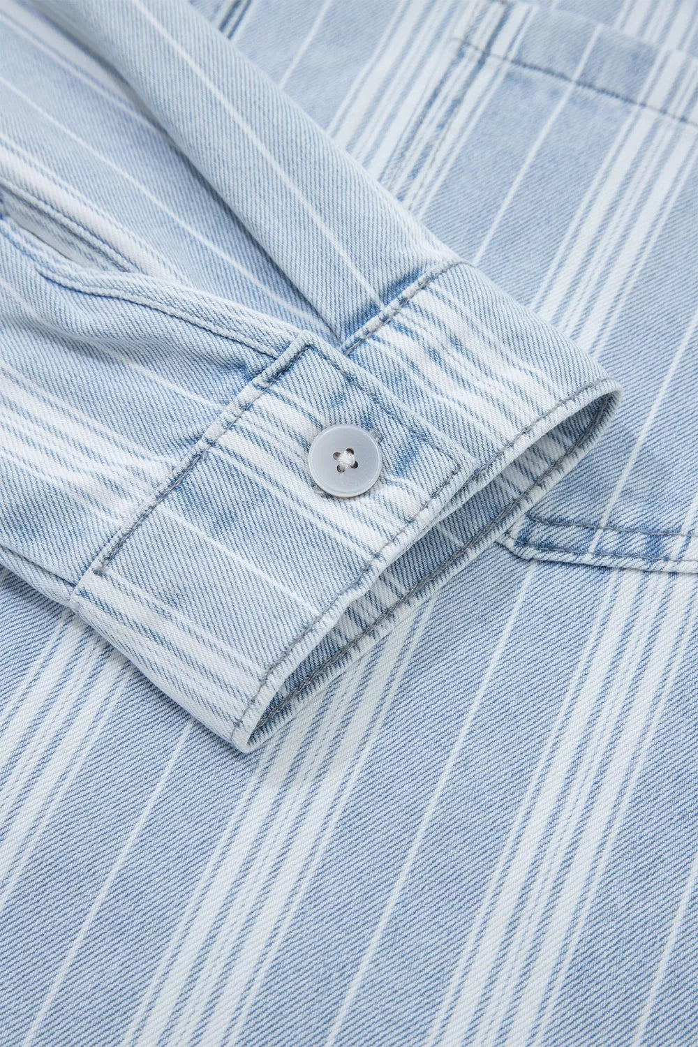 Striped denim shacket with chest pockets and raw hem