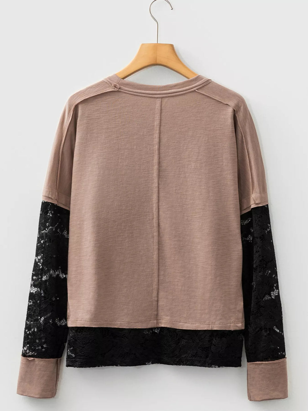 Lace-panel long sleeve tee with exposed seams