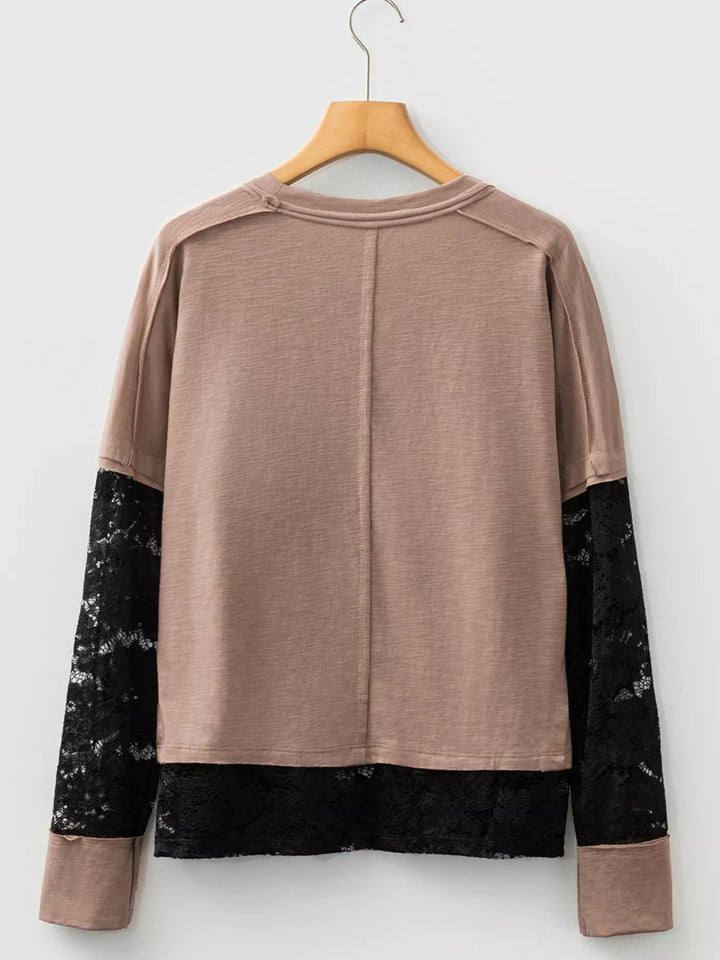 Lace-panel long sleeve tee with exposed seams