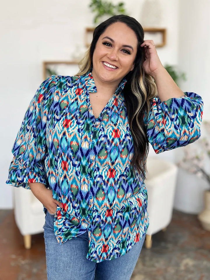 Abstract print balloon-sleeve button-down blouse