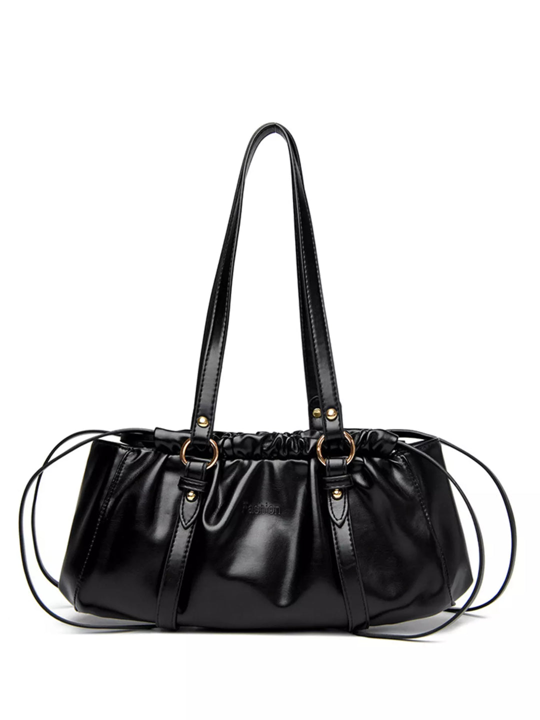 Black Ruched faux leather shoulder bag with O-ring straps