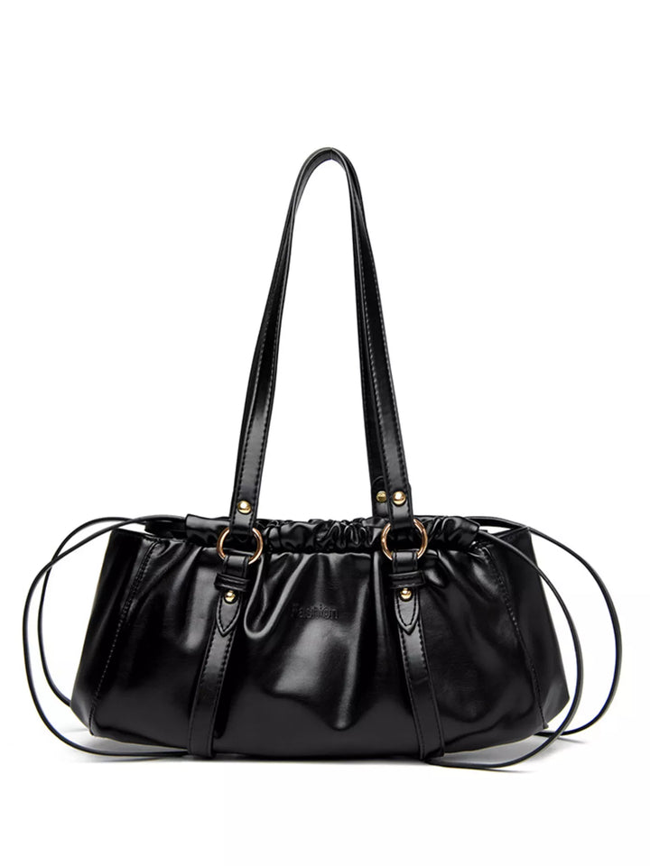 Black Ruched faux leather shoulder bag with O-ring straps