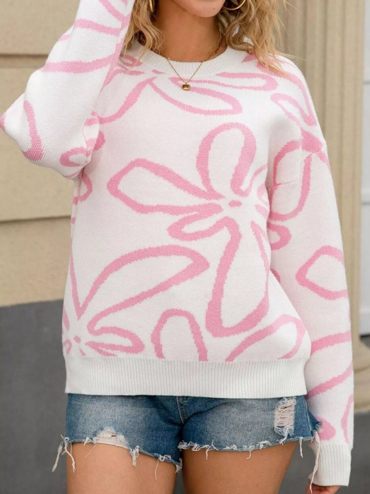 Floral print crew neck knit sweater with ribbed trim