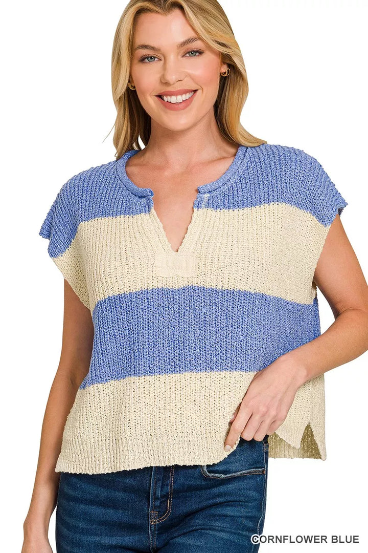 CORNFLOWER BLUE Striped split-neck short sleeve knit sweater