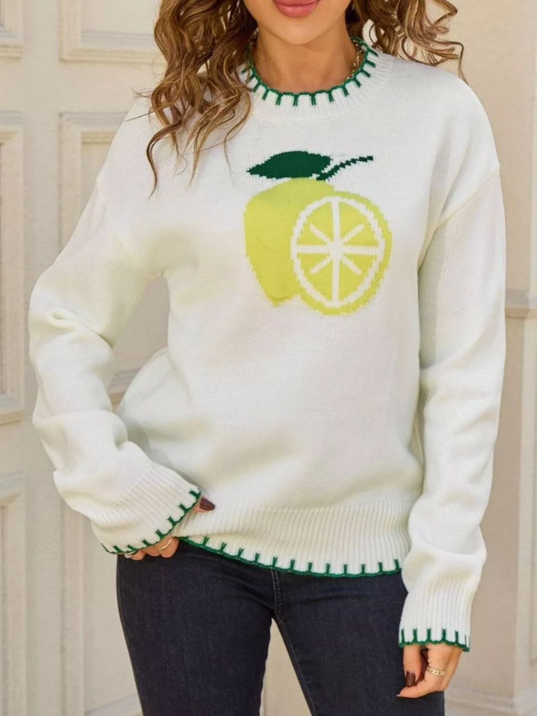 Lemon graphic knit sweater with whipstitch trim