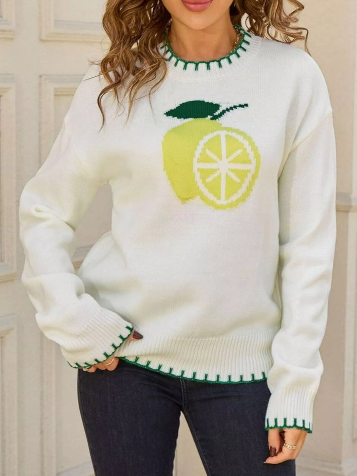 Lemon graphic knit sweater with whipstitch trim