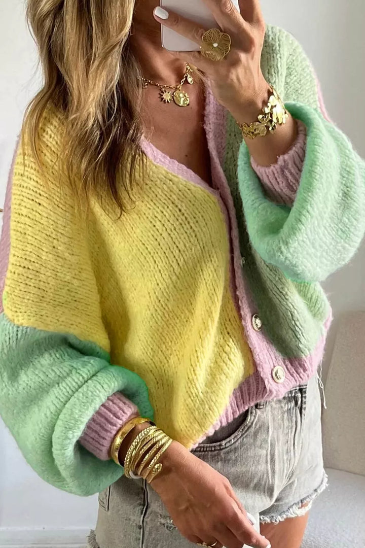 Colorblock drop-shoulder button-front knit cardigan