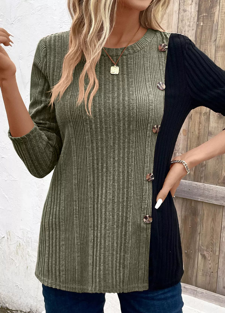 Color block ribbed knit long sleeve button top