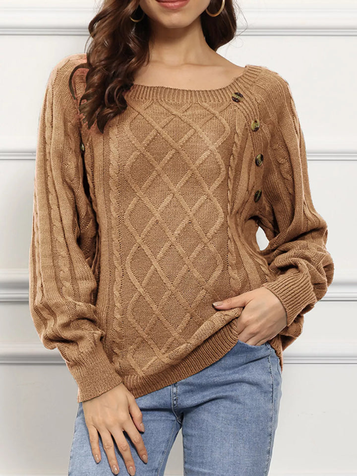 Khaki Cable knit boat neck sweater with side button trim