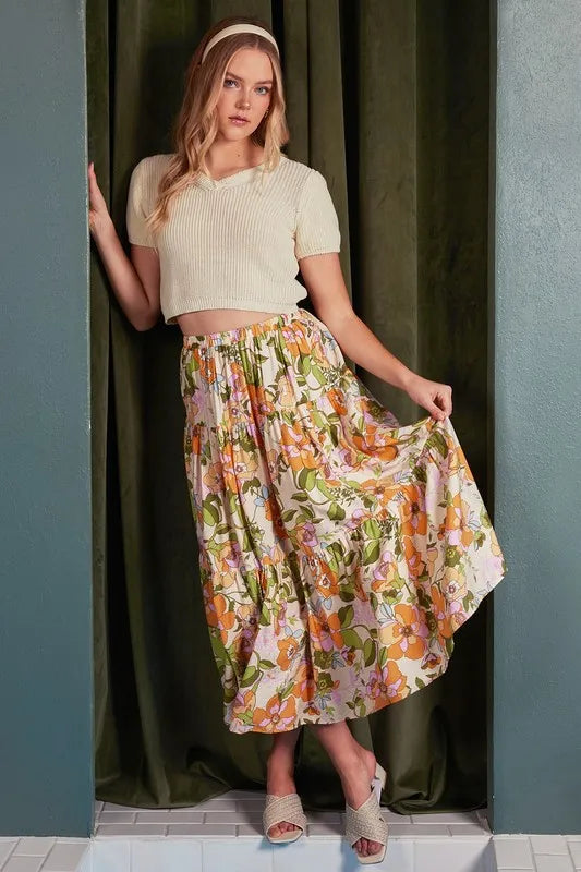 Retro floral print tiered midi skirt with elastic waistband