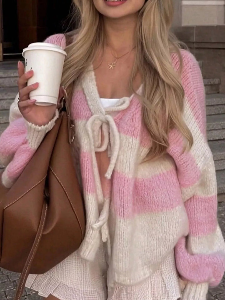 Pink Striped tie-front knit cardigan with ribbed cuffs