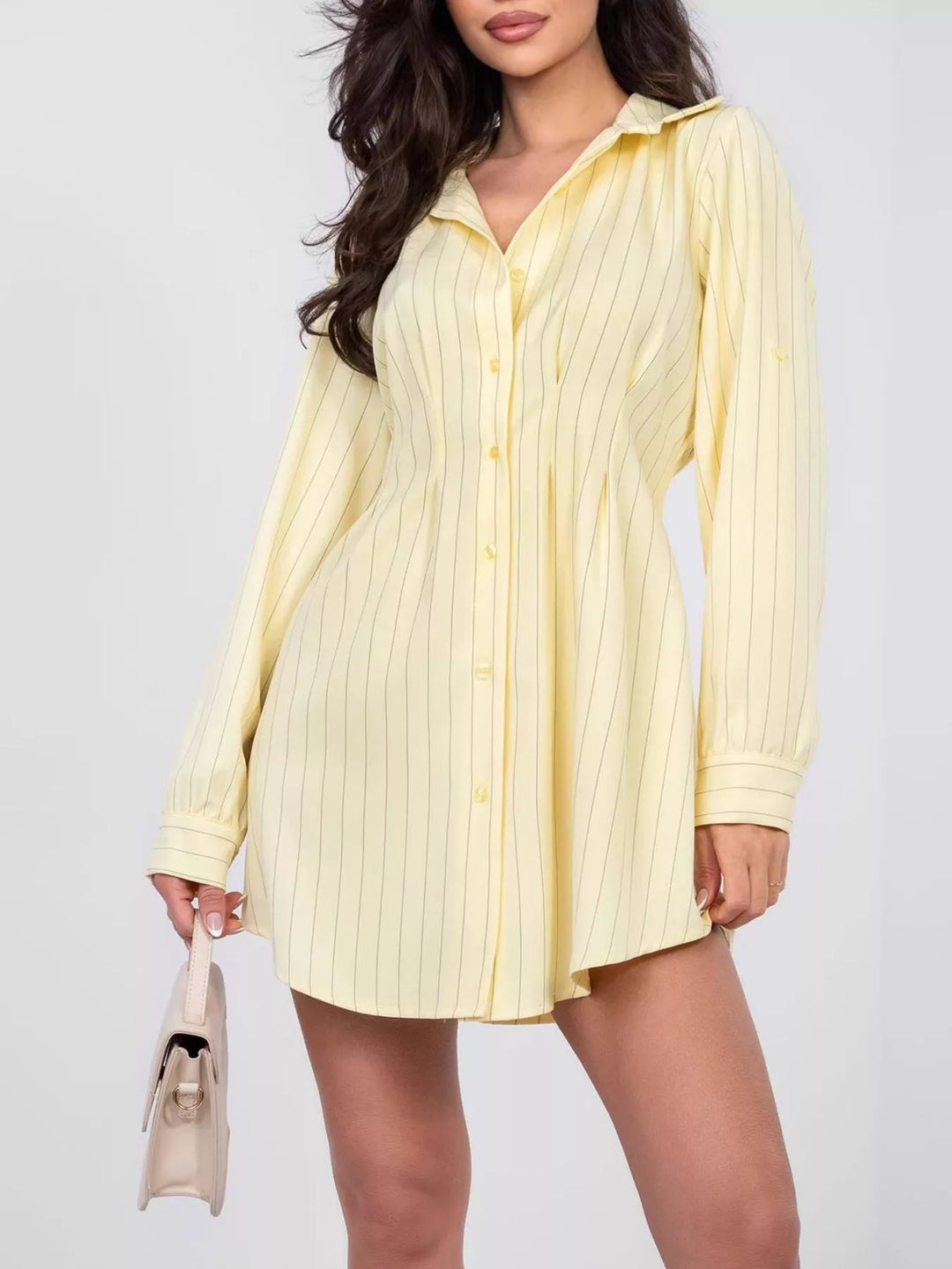 Pinstriped button-down mini shirt dress with ruched waist