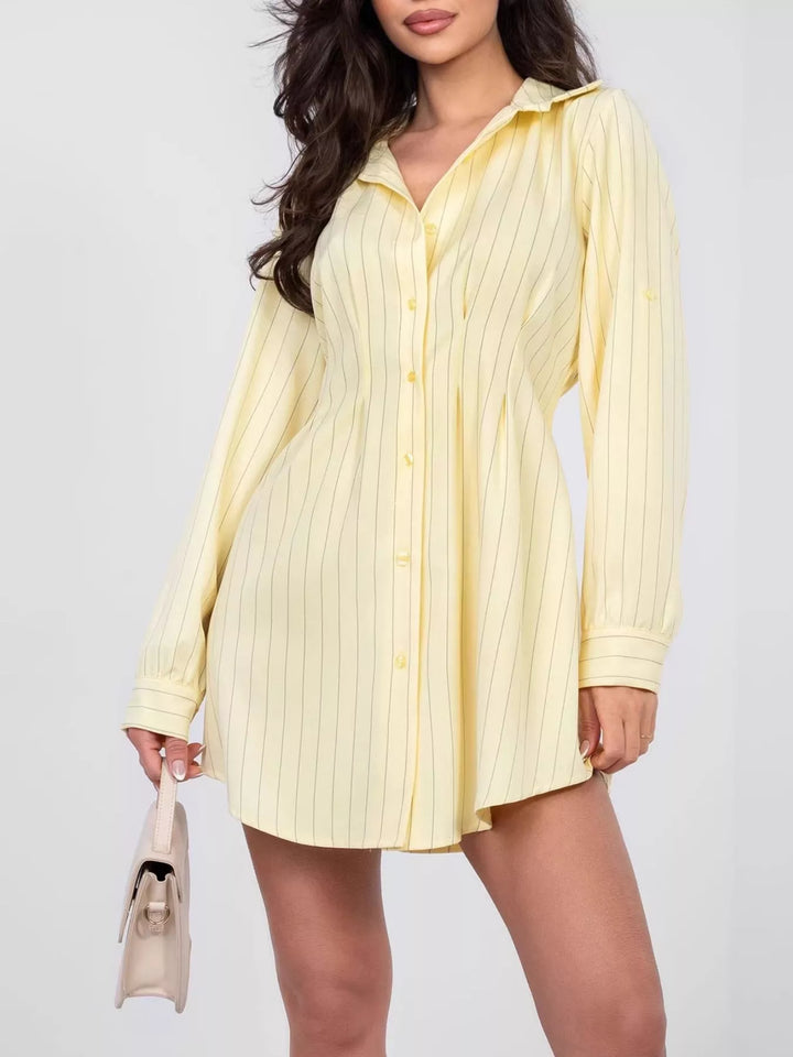 Pinstriped button-down mini shirt dress with ruched waist
