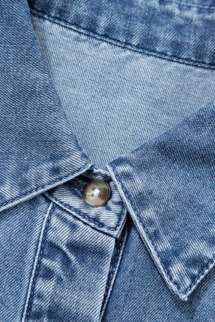 Puff half-sleeve collared denim button-down shirt