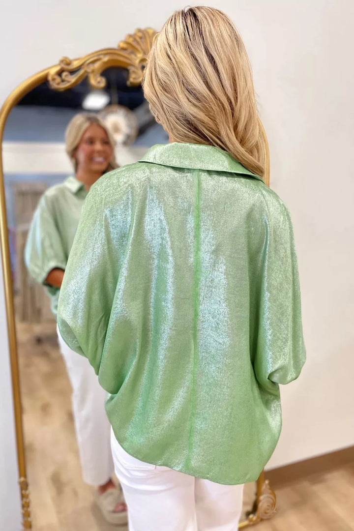 Metallic sheen johnny collar blouse with 3/4 puff sleeves