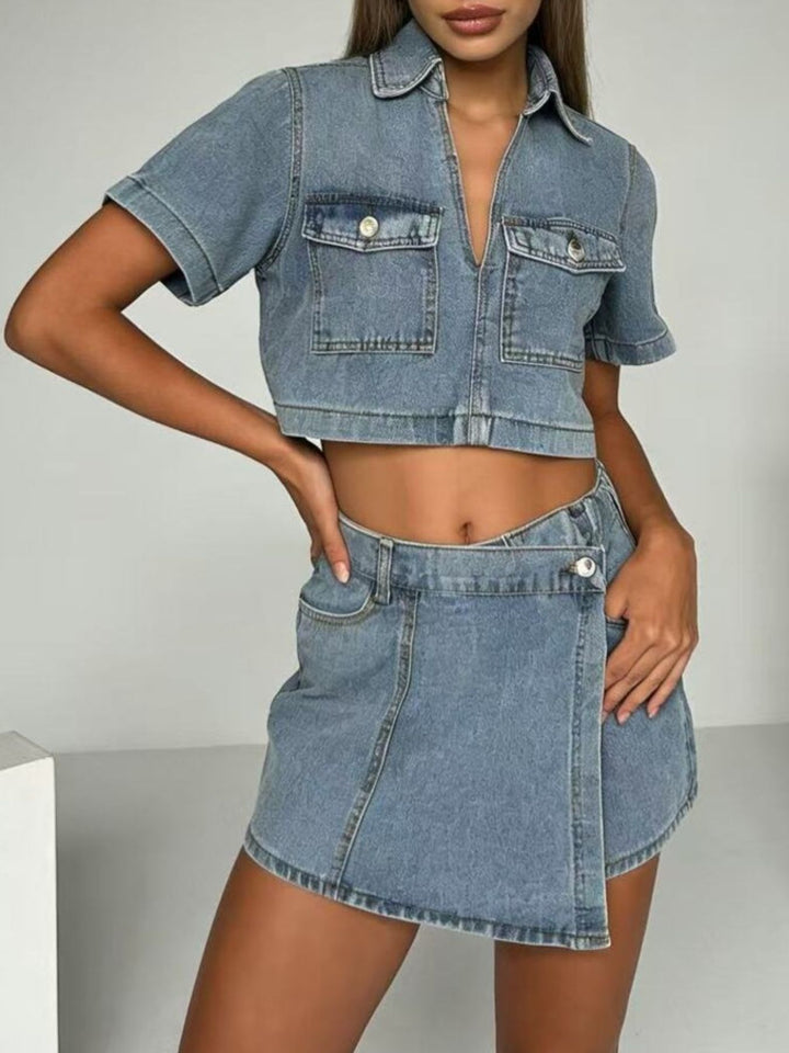 Light Cropped denim button-up top and mini skort set