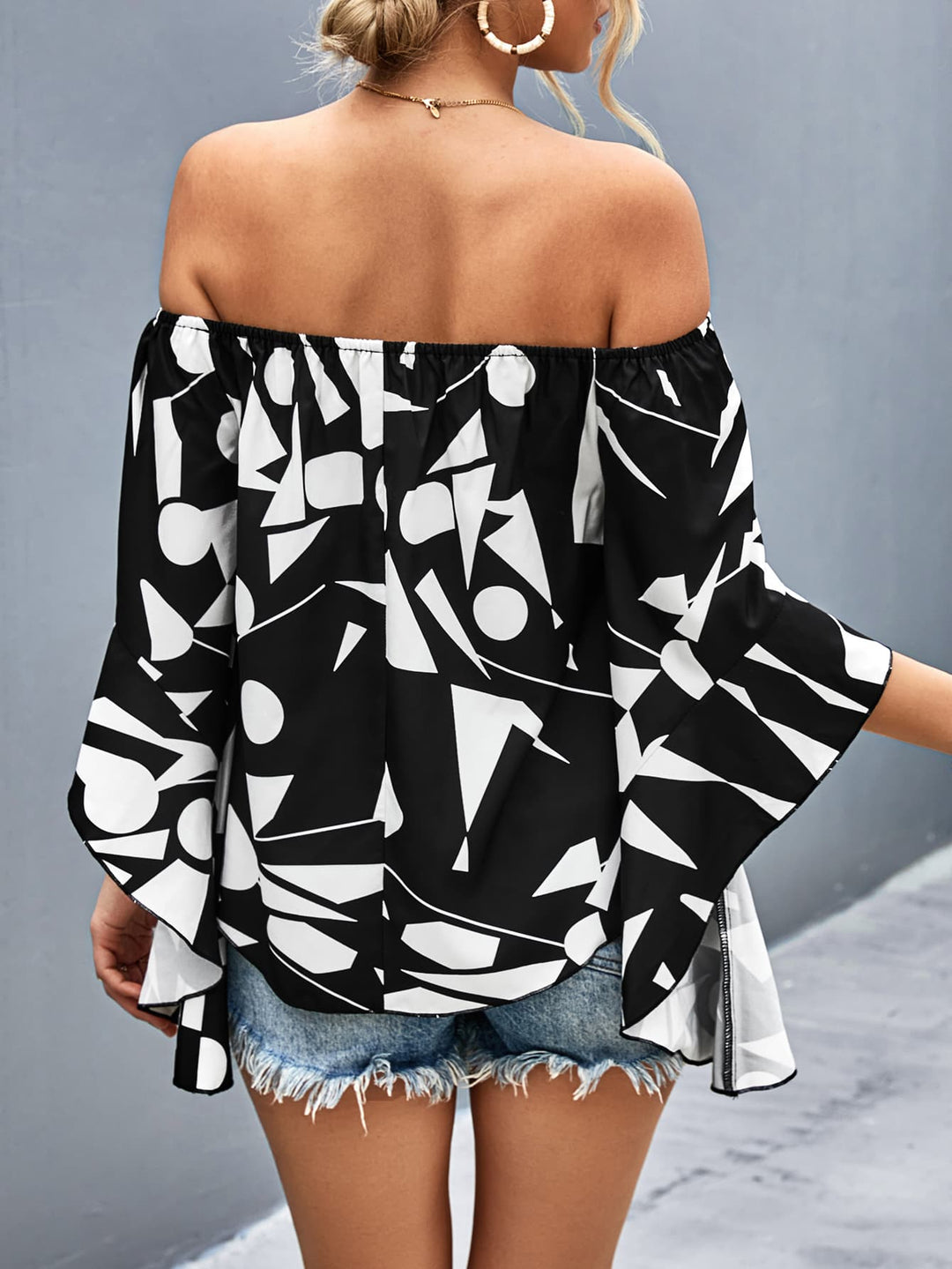 Geometric print off-shoulder bell sleeve blouse