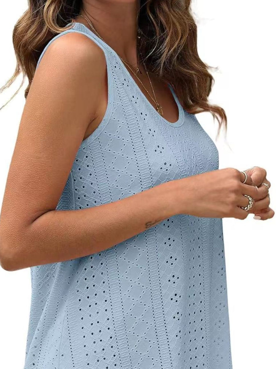 Eyelet knit scoop neck flowy swing tank top