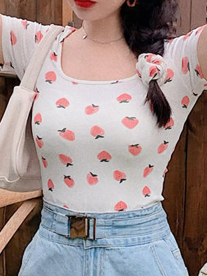 White All-over fruit print square-neck crop top