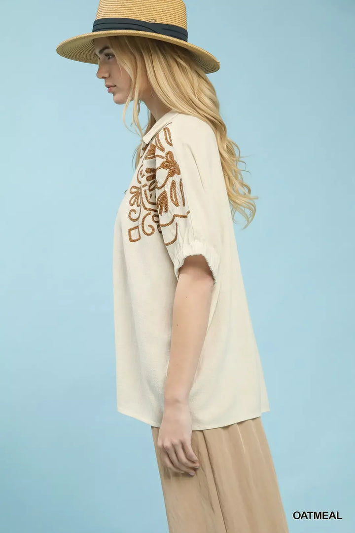 Floral embroidered puff sleeve blouse with split collar