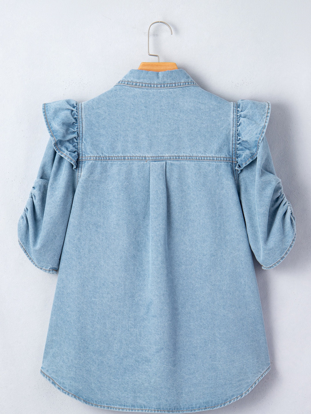 Ruffled cap-sleeve denim button-down shirt with flap pockets