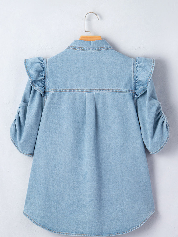 Ruffled cap-sleeve denim button-down shirt with flap pockets