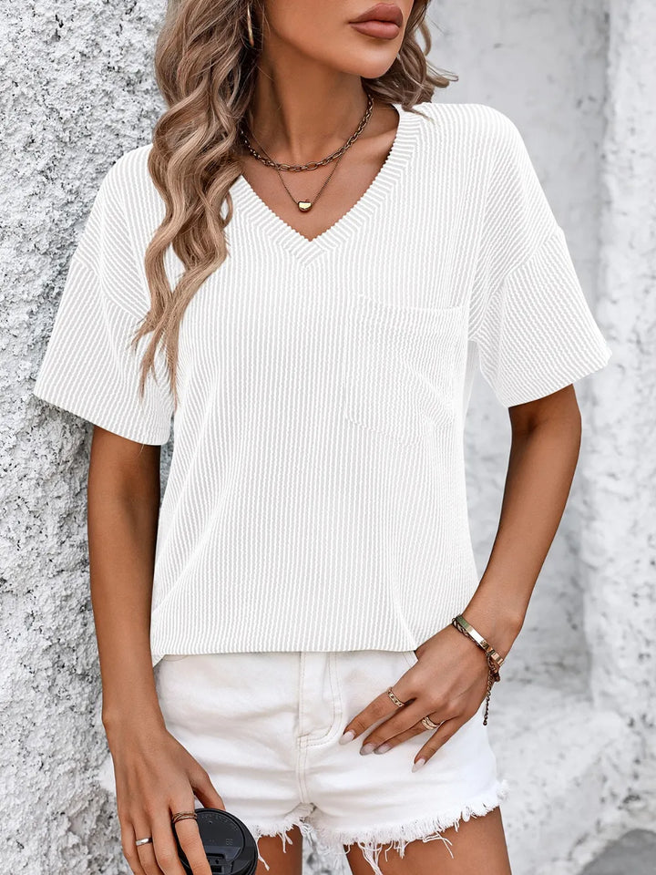 White Ribbed V-neck dropped-shoulder tee with chest pocket
