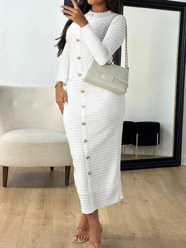 White Textured knit button-front long sleeve midi dress