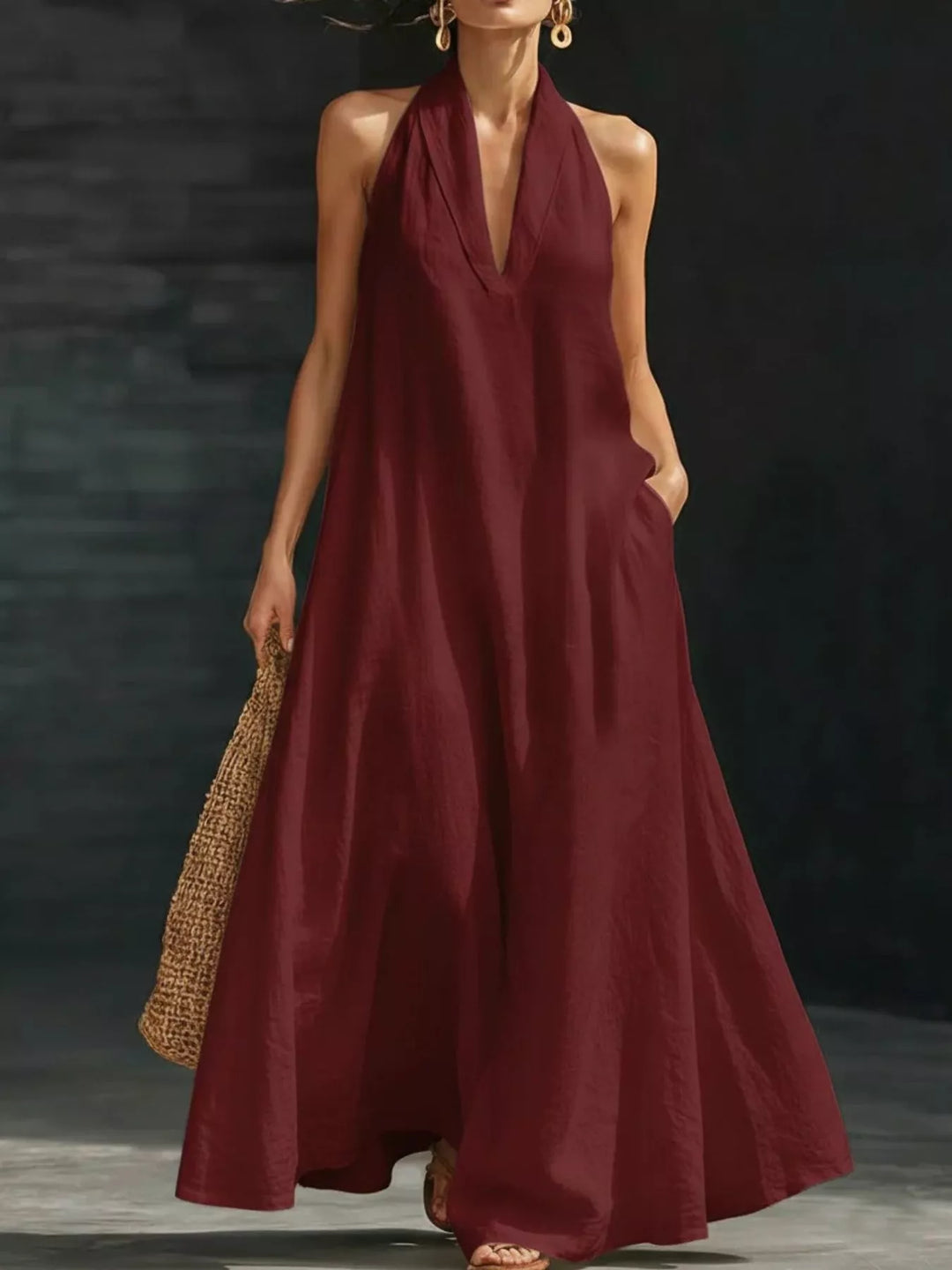 Burgundy Halter neck flowy maxi dress with side pockets