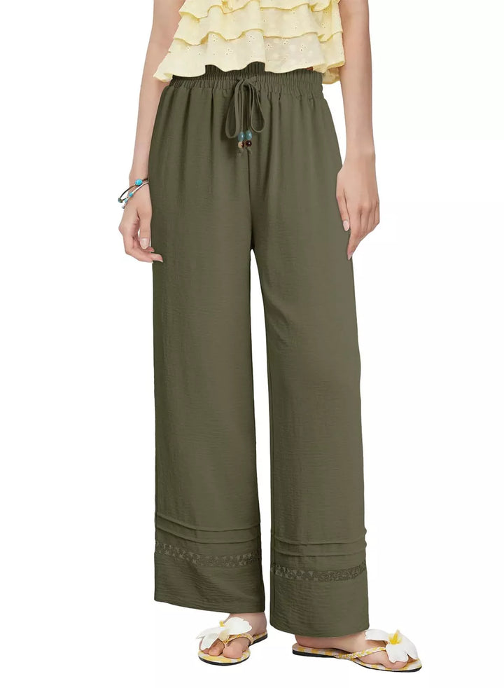 Wide leg drawstring pants with embroidered lace hem