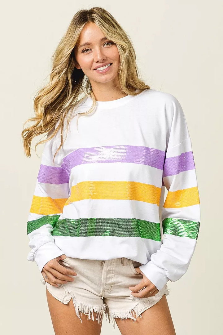 OFF WHITE Sequin stripe Mardi Gras crewneck sweatshirt