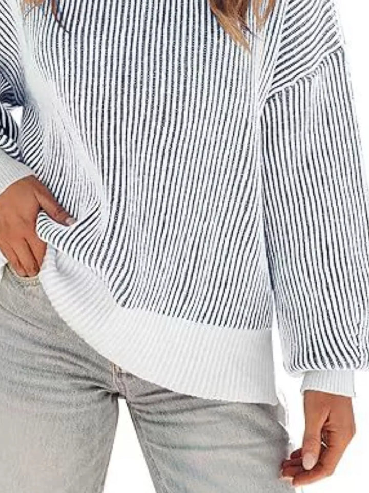 Striped ribbed knit drop shoulder sweater with side slits