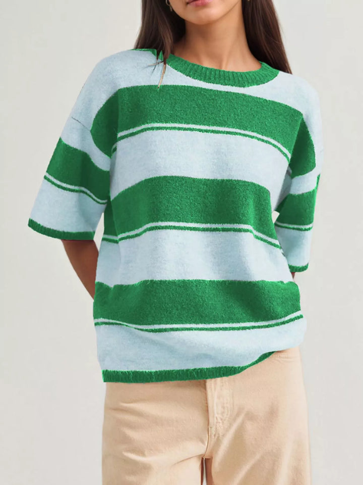 Light Blue Striped short sleeve knit sweater with ribbed trim